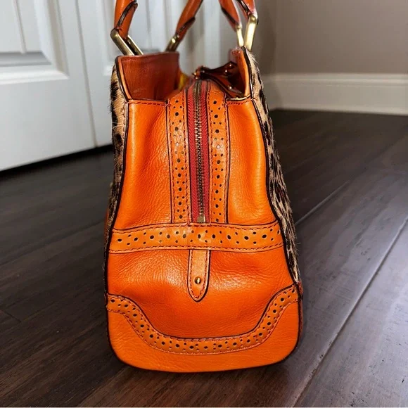 Antonio Melani Y2K Orange Leather Leopard Calf Hair Large Satchel Tote Tassels - Picture 4 of 16